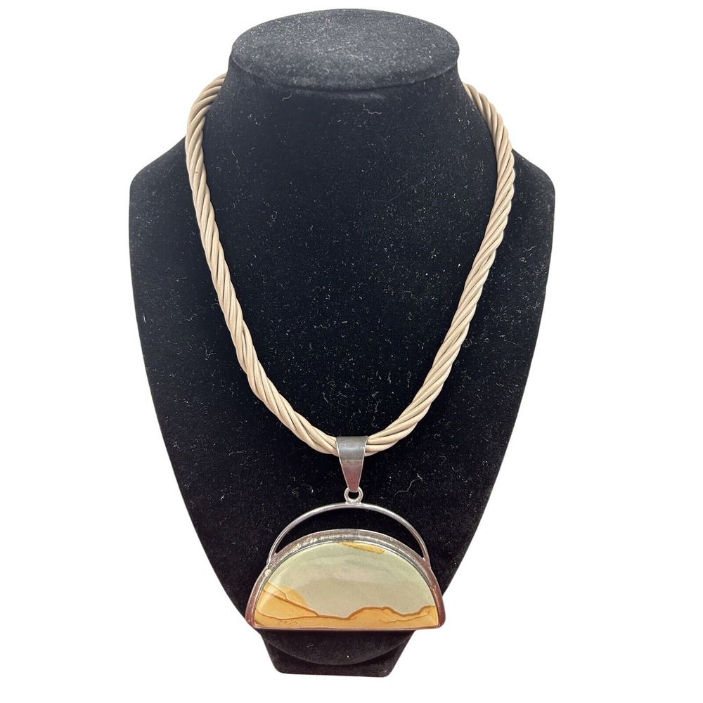 Obsidian Sterling Picture Jasper Pendant Necklace Beige‎ Cord Boho Modernist